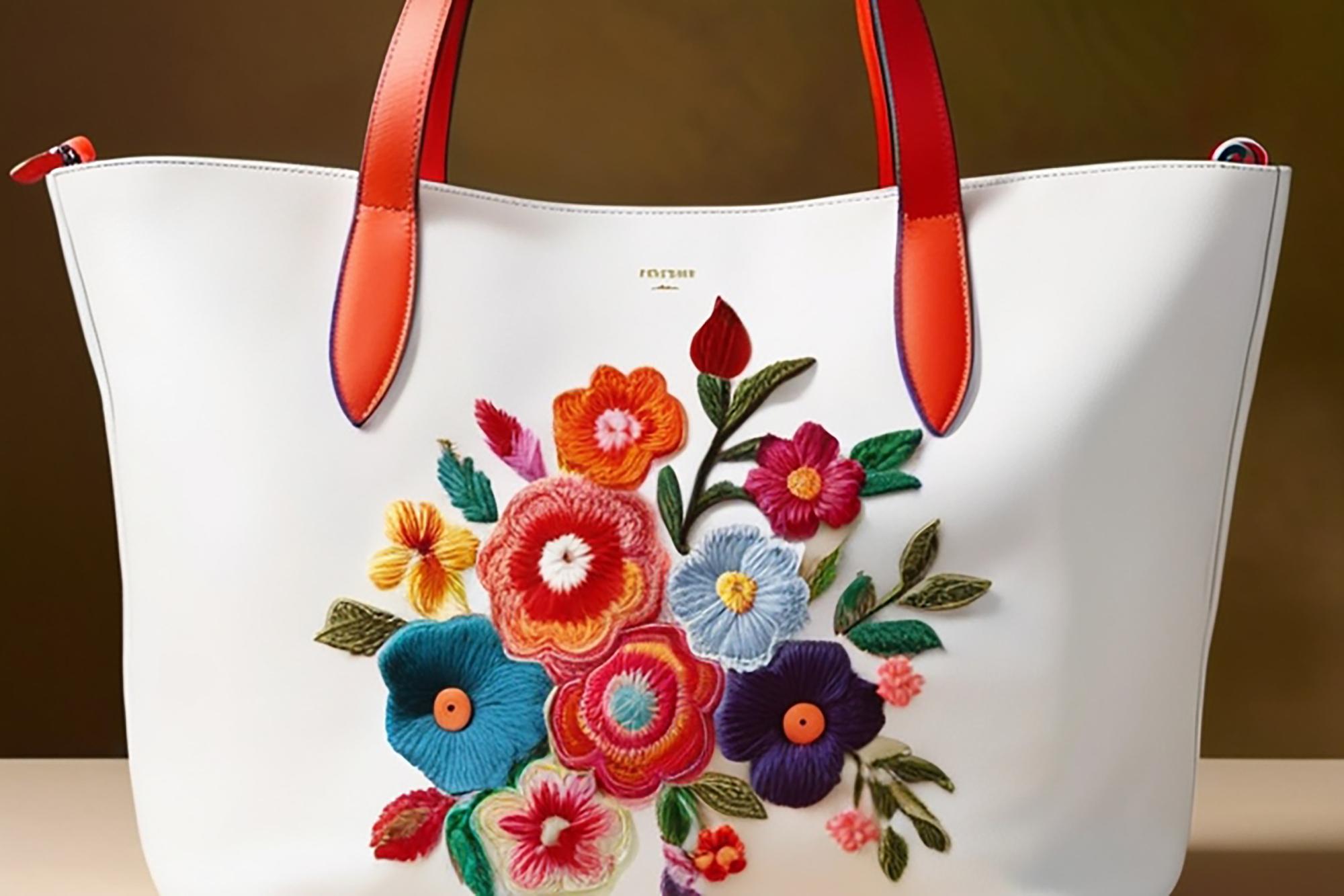 Floral embroidered patch on tote bag